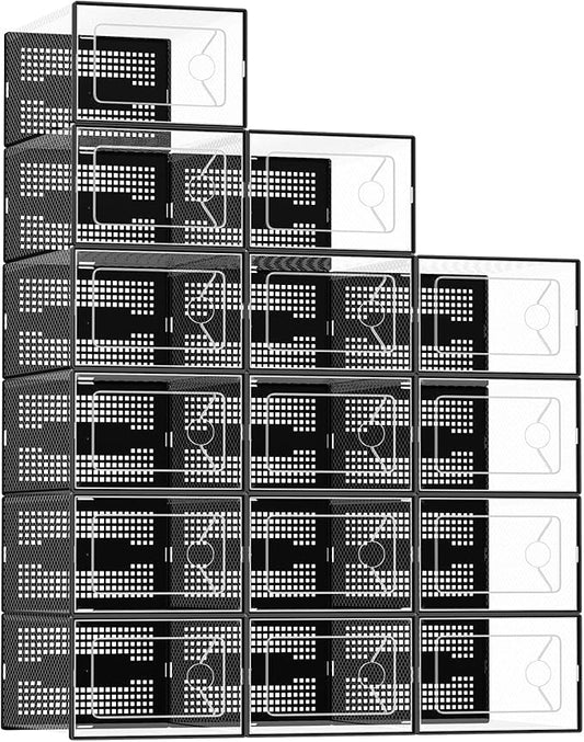 DUMOS Clear Shoe Storage Boxes, 15-Pack Plastic Stackable Shoe Containers with Lids, Display Sneaker Case Organizer for Closet, Under Bed, Entryway,Black (Fit Size 11)