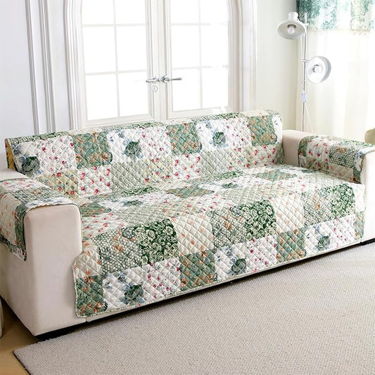 Cmfshape Skidproof Sofa Cover-Green Sofa Slipcover with Elastic Straps-Easy Fit Slip Cover-Patchwork Washable Furniture Protector for Pets and Kids(Loveseat,Green)