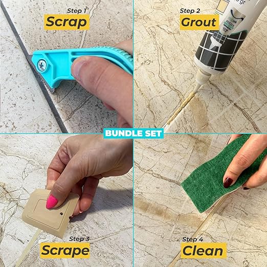 Pentausa Premixed Acrylic Sanded Tile Grout Repair Kit - Ready to Use Grout Renew Filler for Bathroom, Shower, & Kitchen Tile with Grout Removal Tool, Applicator & Sponge, (8.8 Oz - 250gr) (Beige)