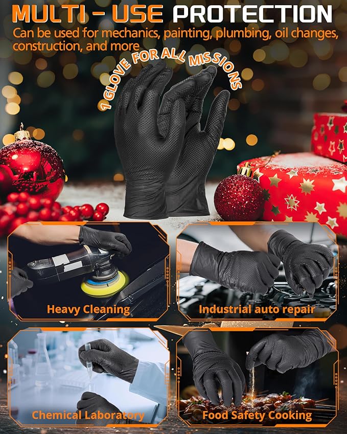 wcy ANBOSON 9 Mil Heavy Duty Nitrile Gloves, Raised Diamond Texture Grip, Latex Free Disposable Industrial Mechanic Work Gloves, Chemical & Puncture Resistant,Black,30 Count