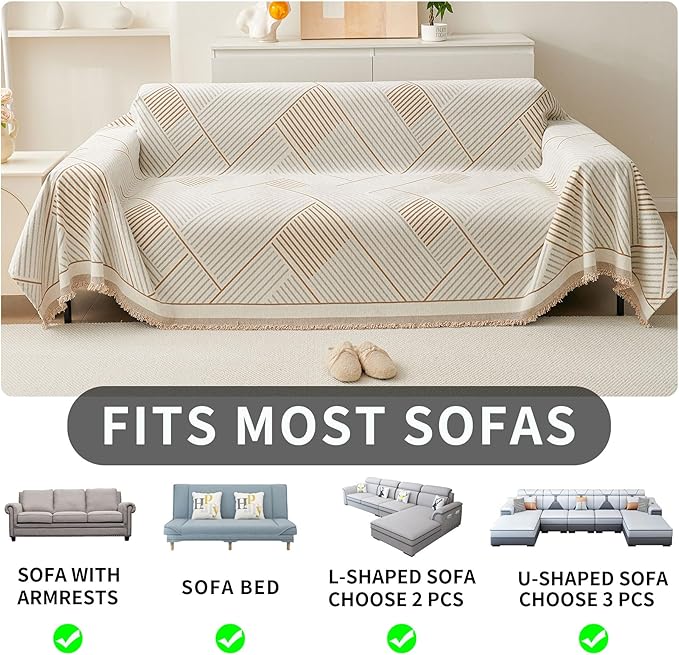 HAOMAIJIA Non Slip Couch Cover Sofa Covers for 3 Cushion Couch Washable sectional Couch Covers for Dogs pet Furniture Protector Couch Cover Blanket for Living Room (CQ-Khaki/Grey, 91"x134")