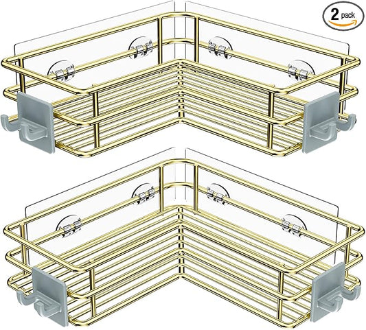 Nieifi Corner Shower Shelves Stainless Steel, Adhesive Shower Caddy Basket Rack with Hooks, Rust Proof for Bathroom Shelf Shampoo Holder (Golden, 2 Pack)