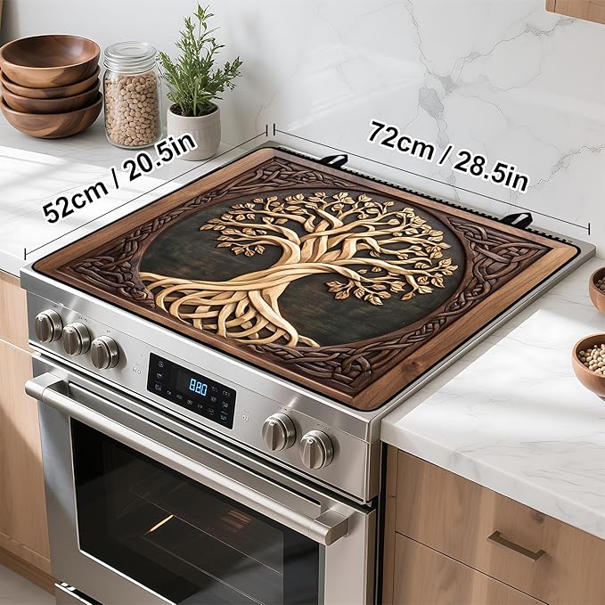 Tree of Life Stove Top Cover Retro Flower Gas Stove Top Cover for Home Decoration Kitchen Pad Non-Stick Washable Cooktop Covers Countertop Protector Keep Stove Clean 28"x20"