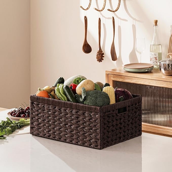 Storage Baskets with Label — Wicker Pantry Baskets for Shelves, Waterproof Woven Basket for Organizing, 2-Pack Plastic Rectangle Organizers with Handles, Dark Brown (16.5L×13W×7.5H)