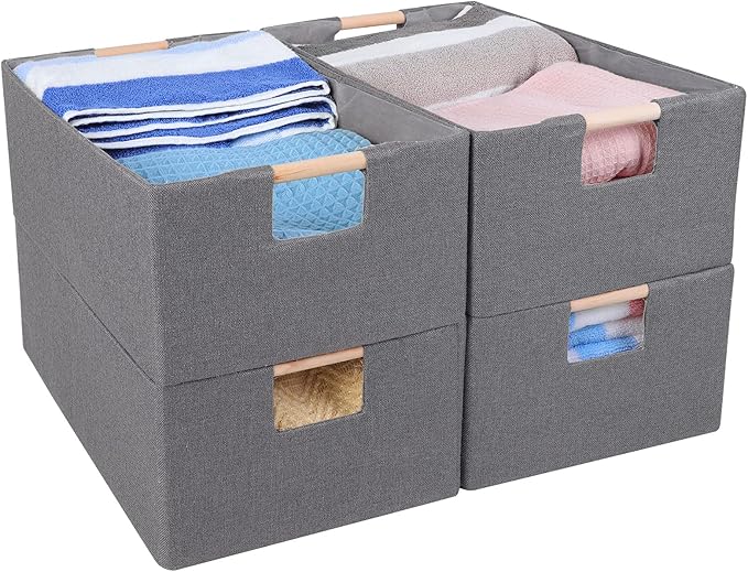 ANMINY 4PCS Storage Baskets for Organizing Collapsible Fabric Storage Bins Boxes with Wood Handles Closet Shelves Cube Organizer Bins Clothes Laundry Storage Container - Small, Gray