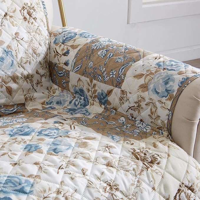 Great Bay Home Reversible Floral Patchwork Furniture Protector - Machine Washable, Scalloped Edge, Stain Resistant, Printed Furniture Cover for Dogs, Kids, and Pets (Loveseat, Taupe/Blue)