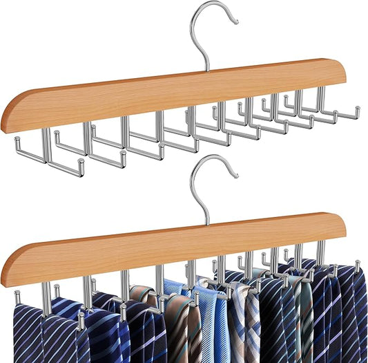 Tie Rack Hanger for Closet, 2 in 1 Belt Tie Hangers with 20 Folding Hooks, 360 Degree Rotating Wooden Tie Holder Organizer for Men Ties Belts Scarves Tank Tops Accessories, Wood (2 Pack)