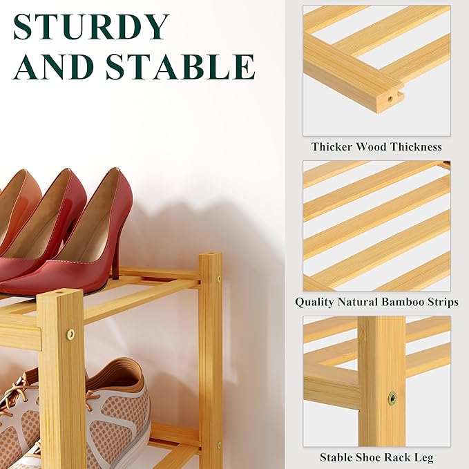 Smiry Bamboo Shoe Rack for Closet, 5 Tier Long Wooden Stackable Shoe Organizer, Free Standing Shoes Storage Shelf for Entryway, Front Door Entrance, Natural
