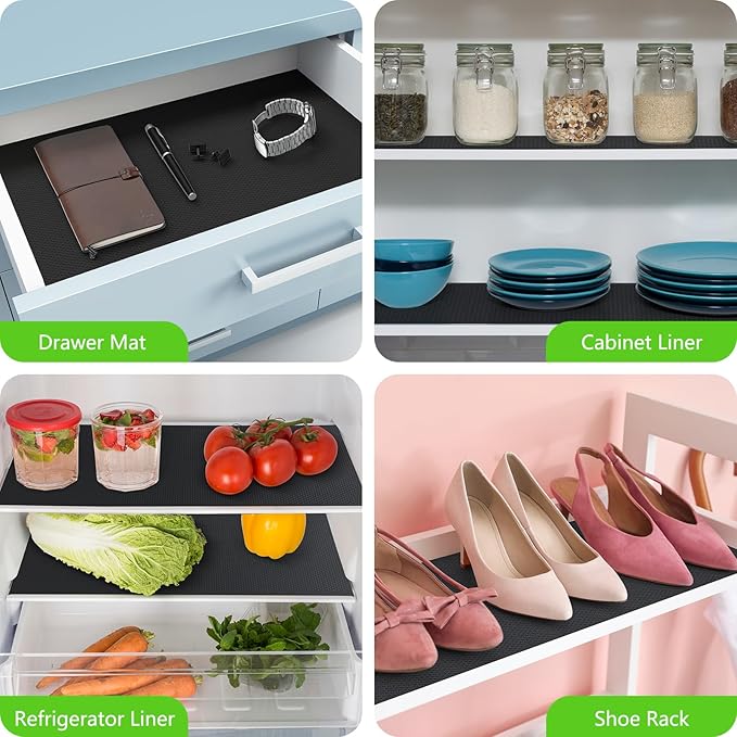 Shelf Liners for Kitchen Cabinets Non Adhesive Drawer Liner for Bathroom Waterproof Refrigerator Liners for Shelves Fridge Plastic Mats Cabinet Cupboard Liner Black 11.8 x 118 Inches