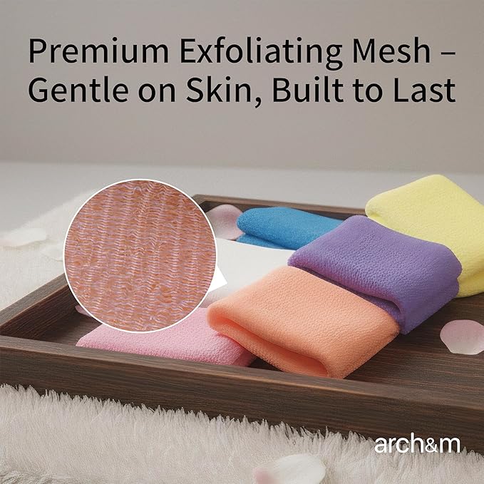 ARCH&M Exfoliating Body Towel (3 Pack) for Glowing, Silky-Smooth Skin - Japanese Beauty Washcloth for Deep Exfoliation & Improved Circulation in the Shower (Blue x 3)