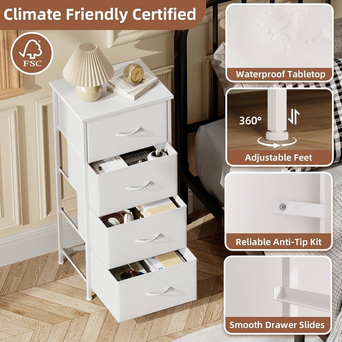 Somdot Dresser for Bedroom, 4 Drawer Storage Cabinet, White | Tall Nightstand Fabric Dresser with Removable Bins, Steel Frame and MDF Wood Top, Closet, Nursery, Dorm or Entryway Storage