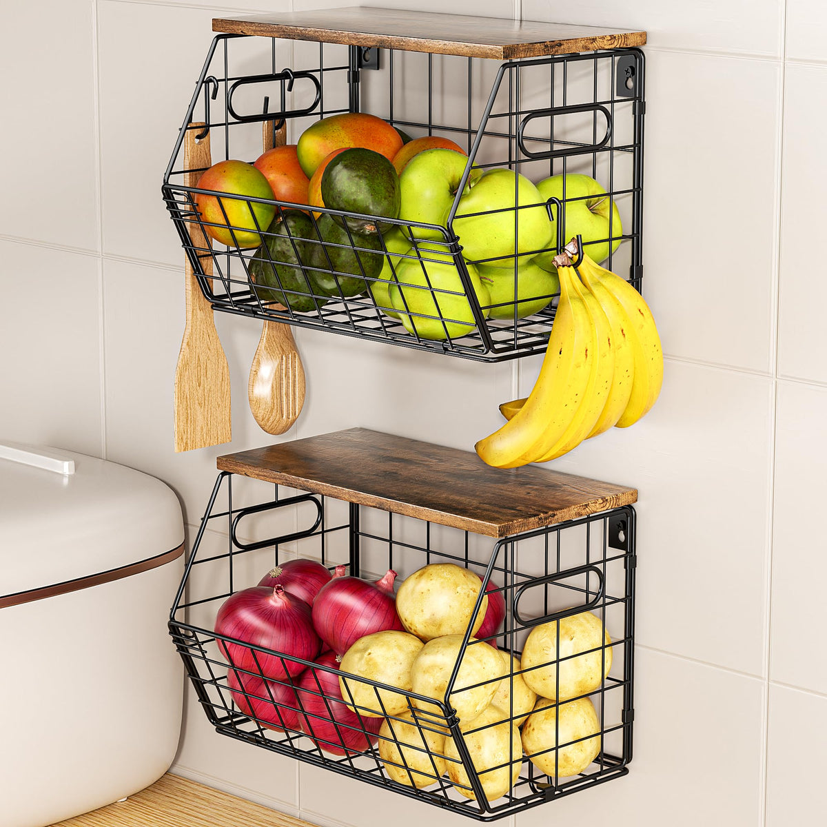 Delamu Stackable Metal Fruit Basket with Wood Lid 2 | All Products - Image 1