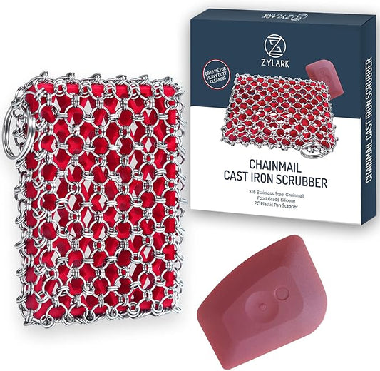 Cast Iron Scrubber Kit + Pan Scraper - 316 Cast Iron Chainmail Scrubber - Skillet Cleaner Scrubber - Cast Pan Scrubber Cleaner - Chainmail Chain Scrubber - Silicone Sponge - Dishwaher Safe