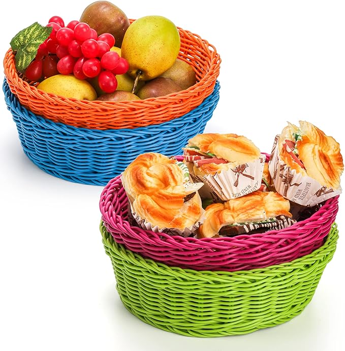 AVLA 4 Pack Woven Breads Baskets, Imitation Rattan Fruit Storage Bowls, Stackable Handwoven Serving Basket, Poly-Wicker Round Basket Set for Organizing, Decorative Gift Basket for Countertop, Pantry