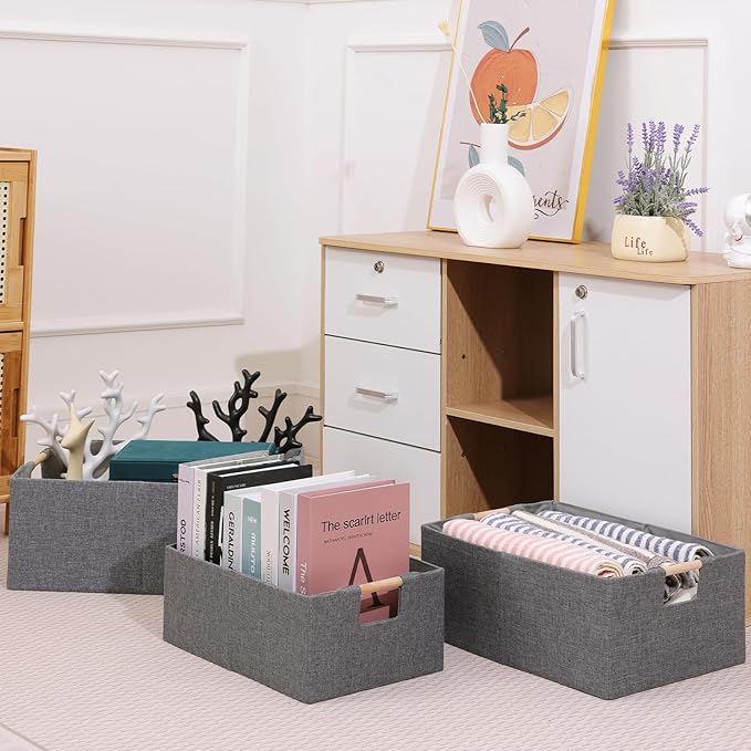 ANMINY 2PCS Storage Baskets for Organizing Collapsible Fabric Storage Bins Boxes with Wood Handles Closet Shelves Cube Organizer Bins Clothes Laundry Storage Container - Medium, Gray