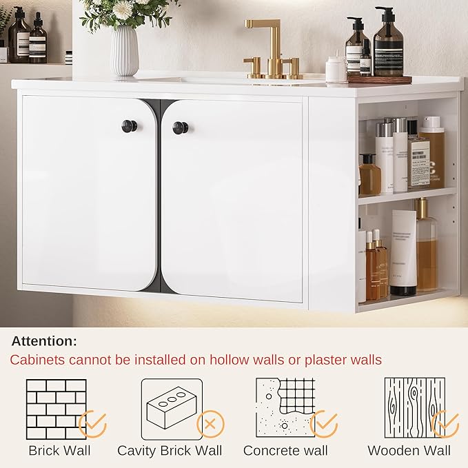 IRONCK 30 Inch Bathroom Vanity with Sink, Wall Mounted Floating Vanity with LED Light & Open Side Shelf, High Gloss Modern Bathroom Cabinet for Small Space, White