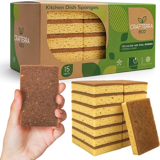 Natural Sponges for Dishes Washing Kitchen Cleaning Plant Based 15Pack Eco Sponges Cellulose Sisal Scrubber Non Scratch Scrub Pads for Dishes pots Bathroom.Less Odor Dish Scrubber House Necessities
