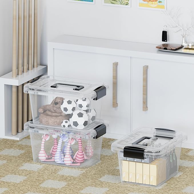Lidded Storage Bin, Tote Organizing Container with Handle and Buckles, Stackable, Plastic, Clear, 6.8Qt, Pack of 12