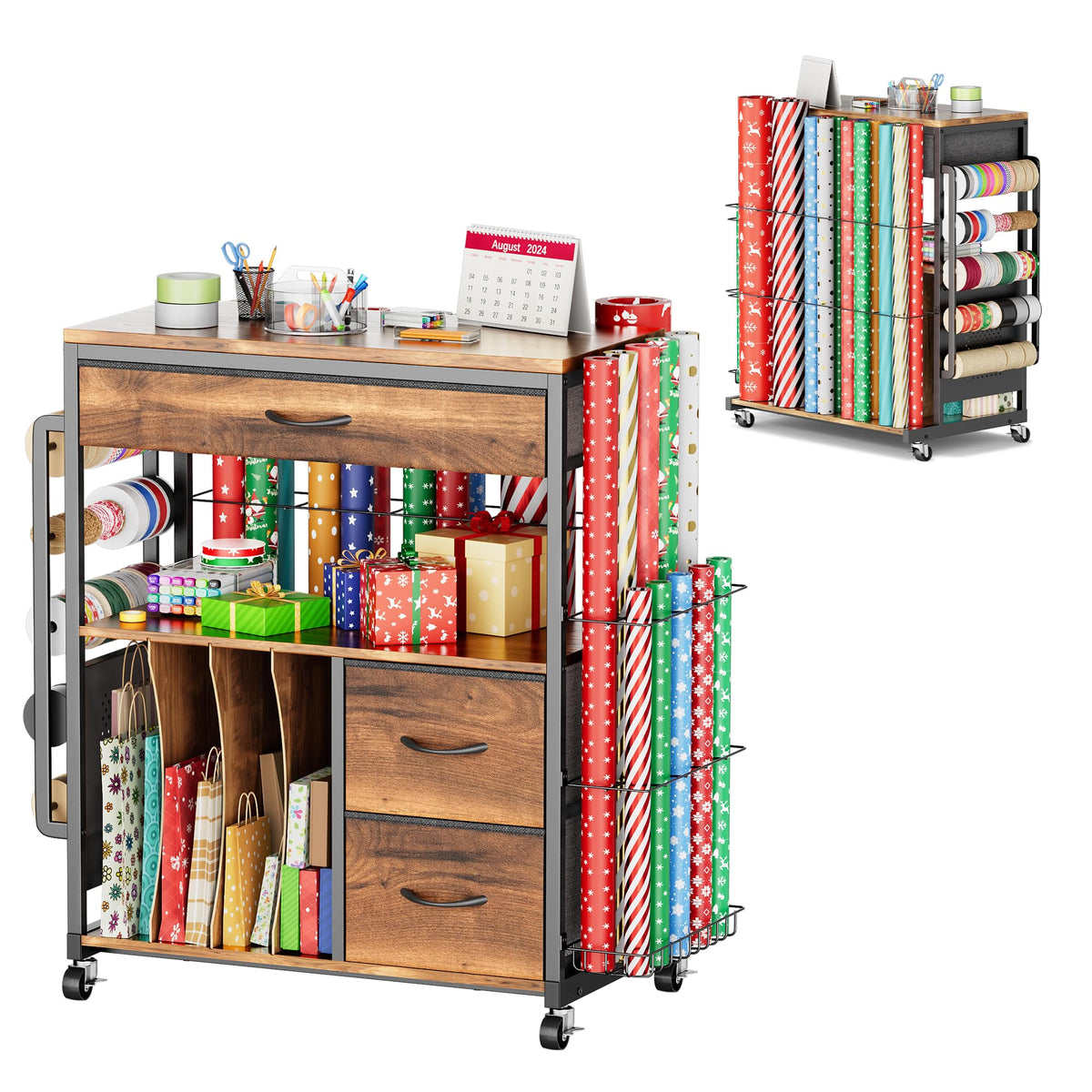 MAX Wrapping Paper Storage Cart, Up to 30 Rolls, Wood Grain - Image 1