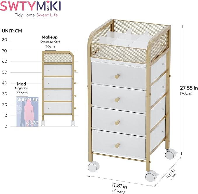 SWTYMIKI Rolling Makeup Organizer Cart - Floor Skincare Make Up Storage with 4 Non-woven Drawers, Vanity Organizer Cosmetic Display Cases Cabinet for Skin Care Perfume Nail Polish Brush Hair Tool