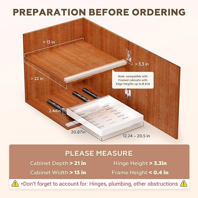 2Pack Expandable Pull Out Cabinet Organizer 21" Deep with Raising Pad for Framed Cabinets, Roll Out Shelves Adhesive, Adjustable Width 12.24"-20.5" W