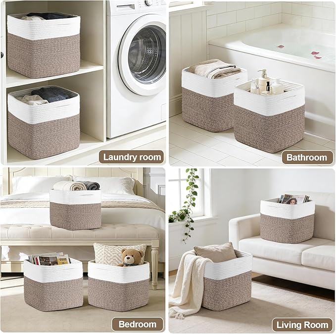 Storage Cubes 11 Inch Storage Baskets for Shelves, Set of 4 Cotton Rope Woven Baskets for Organizing, Cube Storage Square Bins for Toy, Playroom Decor, Classroom, Closet, White+brown