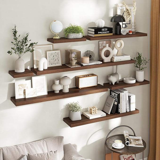 36 Inch Floating Shelves for Wall Set of 2, 8"D Wood Grain Bathroom Shelves with Invisible Brackets, Easy Install Engineered Wood Storage Shelves for Kitchen, Living Room, Bedroom, Walnut Finish