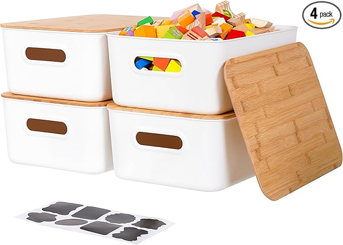Citylife 4 PCS Storage Bins with Bamboo Lids Plastic Storage Containers for Organizing Stackable Storage Box with Handle, 15 x 10.6 x 5.8 inch