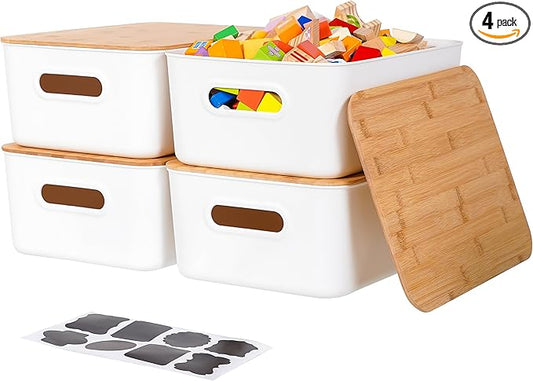 Citylife 4 PCS Storage Bins with Bamboo Lids Plastic Storage Containers for Organizing Stackable Storage Box with Handle, 15 x 10.6 x 5.8 inch