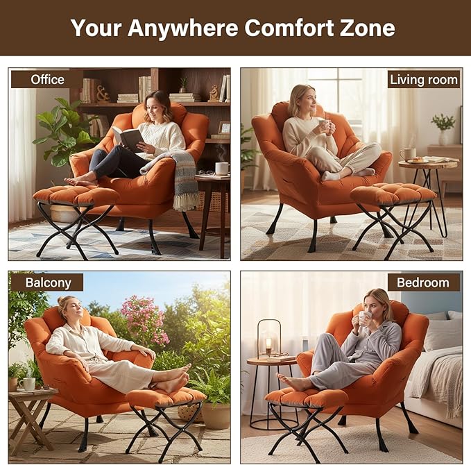 Welnow Lazy Chair with Ottoman for Living Room, Modern Reading Lounge Accent Chair with Armrests and a Side Pocket, Leisure Upholstered Lazy Sofa for Small Space, Bedroom, Dorm, Orange