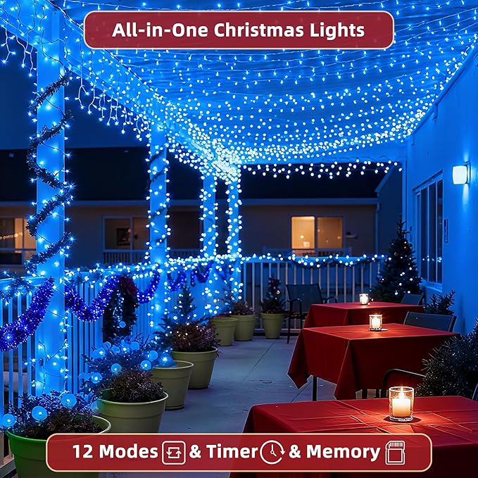 470ft Outdoor Christmas Lights, 1500 LED Super Long String Lights 12 Modes & Timer Memory, Dimmable Outsite Waterproof Light Strings for Xmas Tree Garden Wedding Party Holiday Decorations Blue