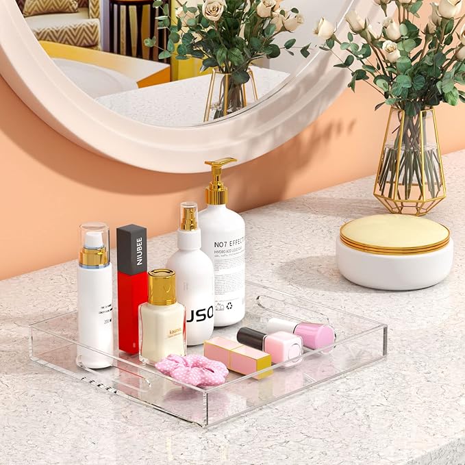 NIUBEE Clear Serving Tray 12x12 Inches -Spill Proof- Acrylic Decorative Tray Organiser for Ottoman Coffee Table Countertop with Handles