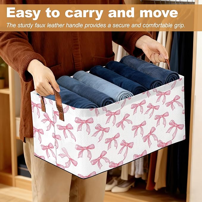 Bowknot Storage Bins with Handles, Collapsible Storage for Clothes, Gift Basket, Blankets & Closet Organization