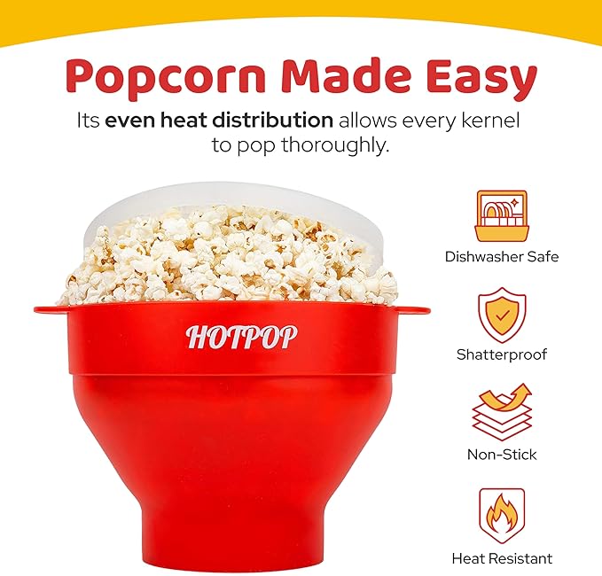 The Orginal HotPop Silicone Popcorn Maker - Microwave Popcorn Popper with Handles - Collapsible Bowl, Heat-Resistant, Easy to Clean, Ideal for Family Movie Nights, 15-Cup Capacity - Red