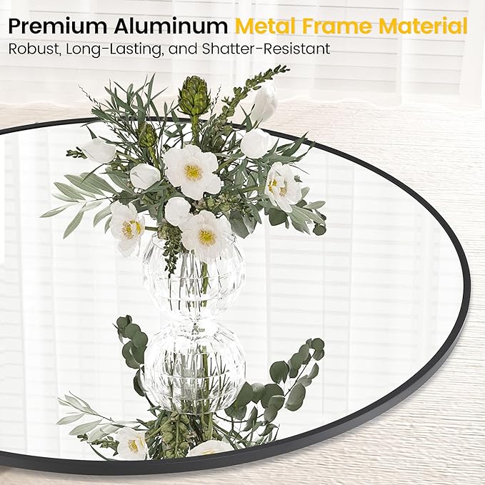 32 in Round Mirror for Wall, Black Metal Frame Circle Mirror, Round Bathroom Mirror for Wall Decor, Mirror for Entryway, Vanity, Bedroom, Easy to Install