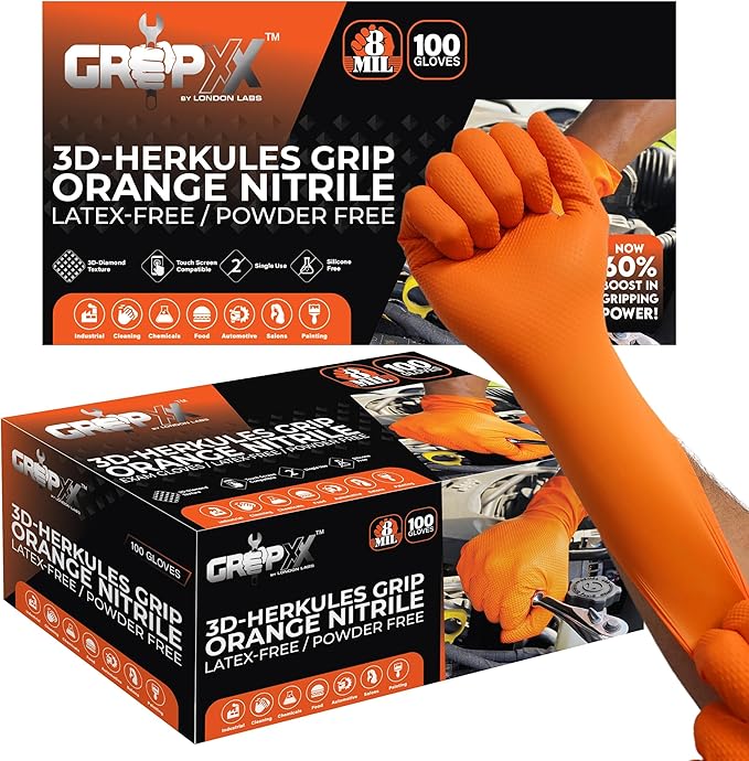 Herkules Grip Heavy Duty 8Mil Orange Nitrile Gloves,3D Raised Diamond Texture-Latex & Powder Free-Industrial, Mechanic (2, X-Large)