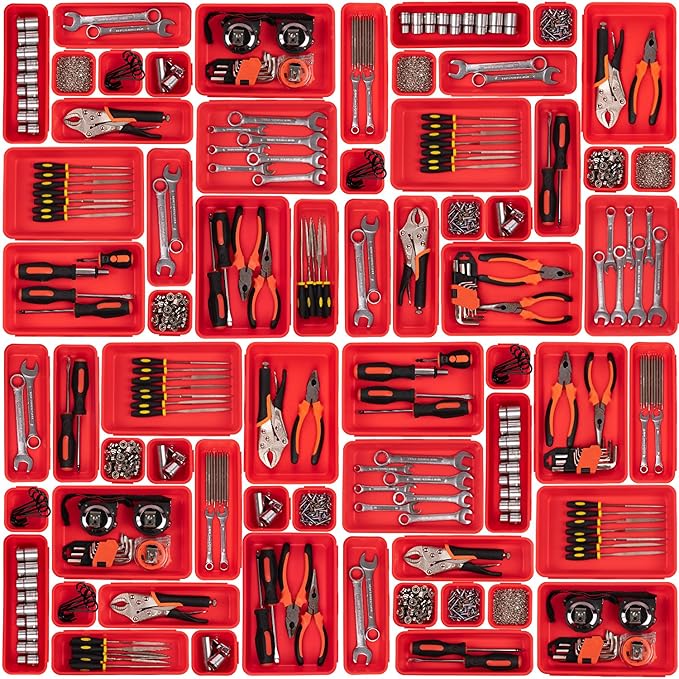 45 Pack Tool Box Organizer Tool Tray Dividers, Toolbox Drawer Organizers Storage Trays for Rolling Tool Chest, Work Bench Cabinet Bins, Hardware Parts Screw Nut Bolt Small Tools Organization - Red