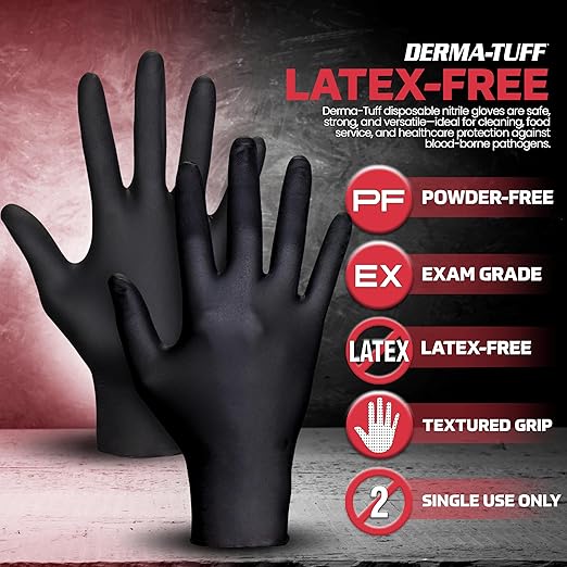 SAS Derma-Tuff Powder Free Nitrile Gloves Small, 6 Mil Chemical + Puncture Resistant Exam Grade, Latex Free Black Gloves Disposable for Maintenance, Automotive and Janitorial, 120 Ct