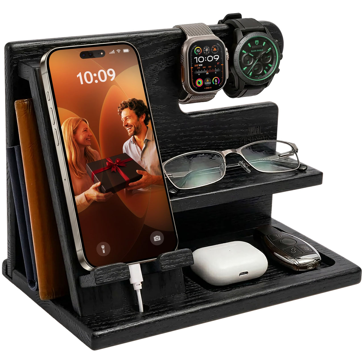 TESLYAR Wood Phone Docking Station for Men - Desktop - Image 1