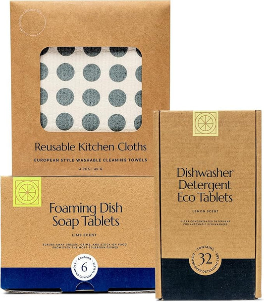CLEANOMIC Dishwasher Pods, Foaming Dish Soap & Reusable Kitchen Cloth