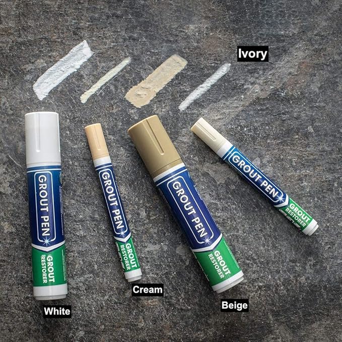 Grout Pen Tile Paint Marker: Waterproof Grout Colorant and Sealer Pen to Renew, Repair, and Refresh Tile Grout - Cleaner Coating Stain Pens - 2 Pack, 5mm Narrow Ivory and 5mm Narrow White Tip