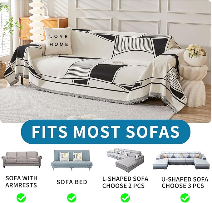 HAOMAIJIA Non Slip Couch Cover Sofa Covers for 3 Cushion Couch Washable sectional Couch Covers for Dogs pet Furniture Protector Couch Cover Blanket for Living Room (Black-Cream, 91"x134")