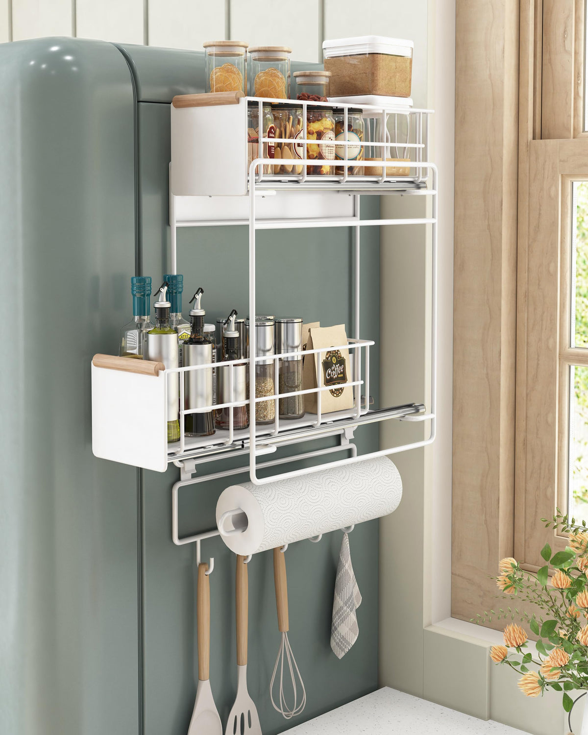 Pull Out Laundry Magnetic Organizer with 5 Hooks and Towel Holder - Image 1