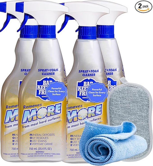 4-Pack Bar-Keeper’s-Friend More Spray and Foam Cleaner, 25.4oz Hard Water Stain Remover + Microfiber towel & Scrub Sponge