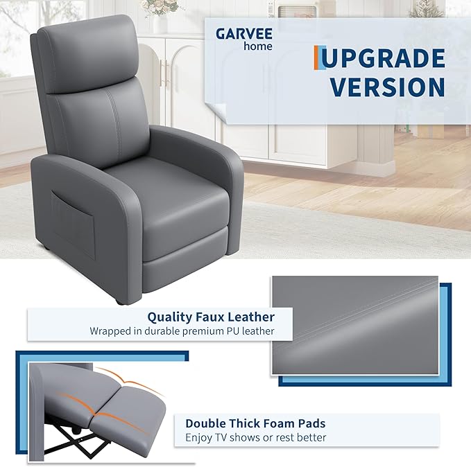 Garvee Recliner Chair for Adults, PU Leather Lazy Recliner Ergonomic Adjustable Single Sofa Enhanced with Side Pocket, Tall Back, Wide Arms & Padded Seat, Home Theater Seating for Living Room