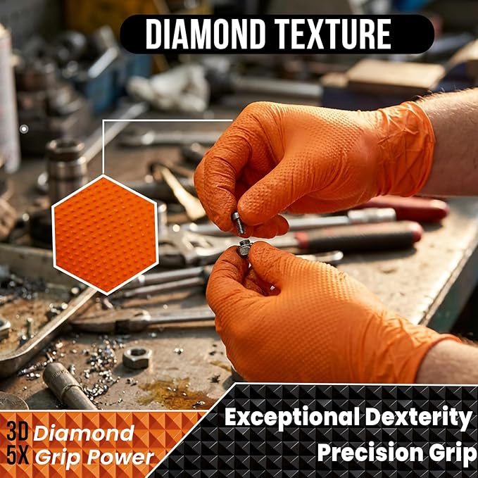 10 Mil Diamond Textured Nitrile Gloves, Heavy Duty Disposable, Extra Thick, Latex & Powder Free, Chemical and Puncture Resistant, Ideal for Auto Repair, Cleaning, Painting, X-Large