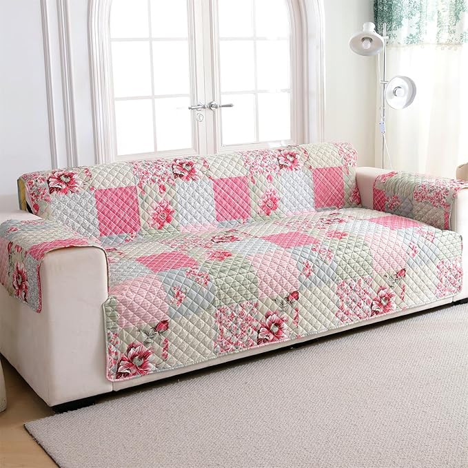 Cmfshape Skidproof Sofa Cover-Patchwork Sofa Slipcover with Elastic Straps-Easy Fit Slip Cover-Rose Washable Furniture Protector for Pets and Kids(Loveseat,Pink&Grey)