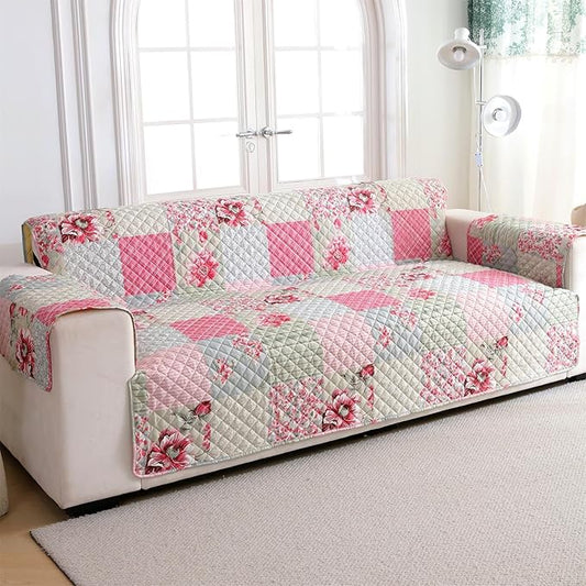 Cmfshape Skidproof Sofa Cover-Patchwork Sofa Slipcover with Elastic Straps-Easy Fit Slip Cover-Rose Washable Furniture Protector for Pets and Kids(Loveseat,Pink&Grey)