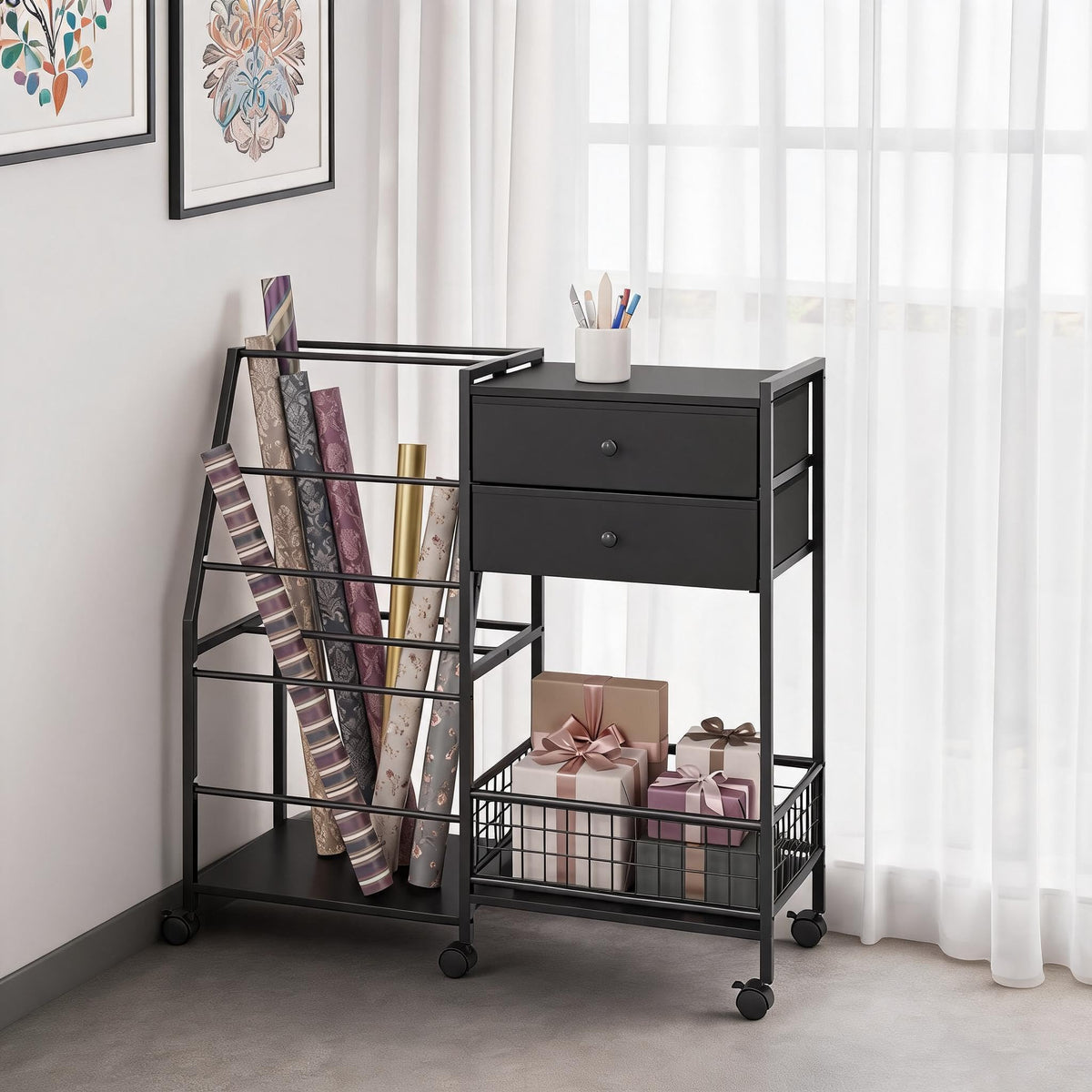 Rolling Gift Wrap Station with Drawers, 3 Tier Gift - Image 1