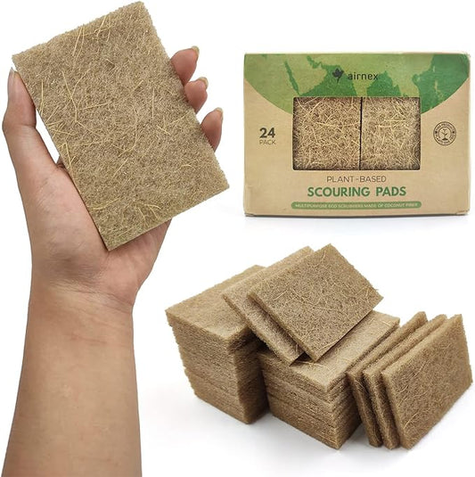 Plant-Based Scouring Pads for Dishes - Coconut Husk Non Scratch Scrub Pads - Natural Kitchen Scrubbing Pads for Pots & Pans - Eco Friendly & Non Abrasive Dish Scrubber Pads - Pack of 24